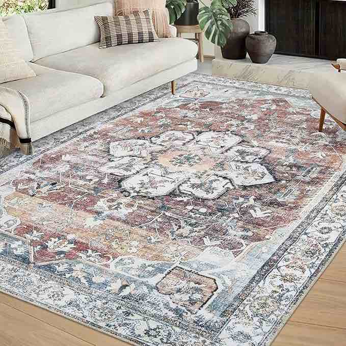 COZYLOOM Area Rug 8x10 Boho Tribal Area Rug Vintage Medallion Rug Large Washable Rug Distressed Oriental Non-Slip Print Floor Carpet for Living Room Bedroom Home Office Foldable Rust/White