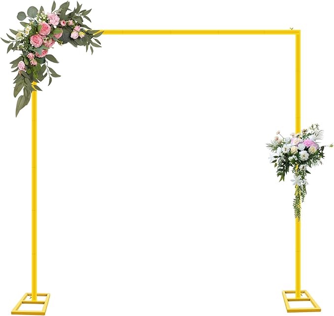 8FT Wedding Arch Backdrop Stand, Gold Square Back Drop Adjustable Stand Metal Arch Heavy Duty Backdrop Stand Kit Frame for Party Wedding Birthday Photobooth Decorations