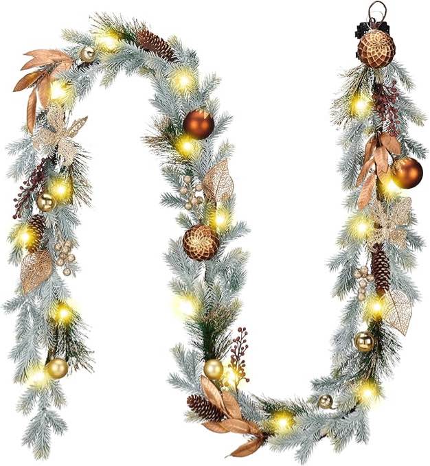 decorbyhannah christmas garland with lights, 9ft prelit christmas garland decorations with ornaments, pinecone and butterfly, battery operated christmas garland indoor for mantle, stairs(copper gold)