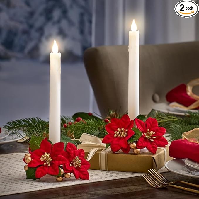 Hammacher Schlemmer 56704 Hammacher Schlemmer 2PC Flameless Tapered Christmas Candles - Battery Operated - Decorative Poinsettia Base - White
