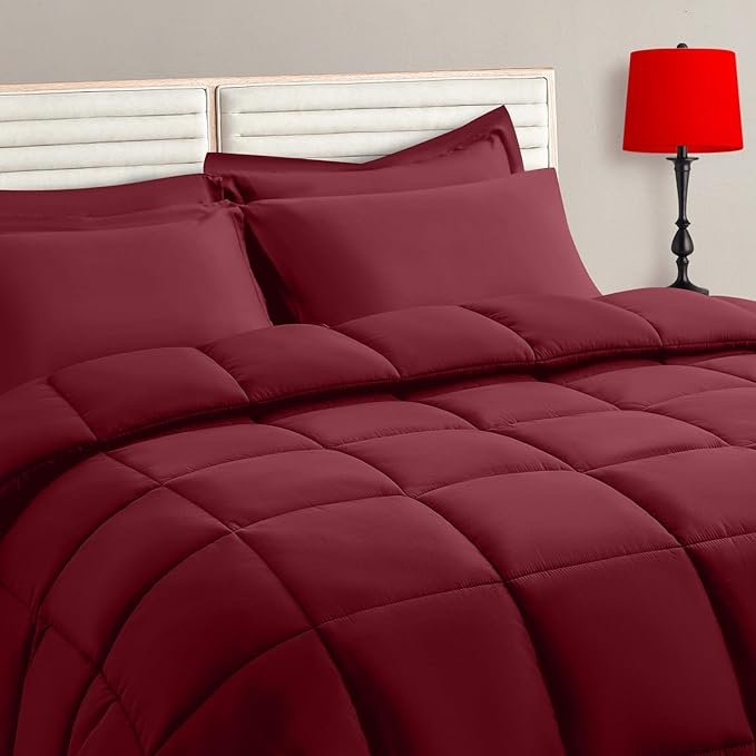 TAIMIT Queen Size Comforter Set - 7 Pieces, Bed in a Bag Bedding Sets with All Season Soft Quilted Warm Fluffy Reversible Comforter,Flat Sheet,Fitted Sheet,2 Pillow Shams,2 Pillowcases,Burgundy 