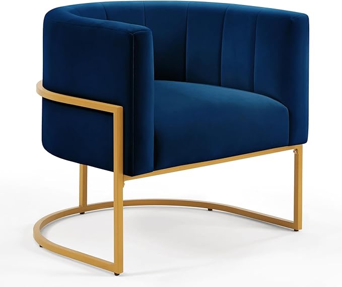( similar to photo)Velvet Accent Chair Navy Modern Comfy Upholstered Barrel Chair Padded Seat, Wide Arm Chairs for Reading Living Room Bedroom Club Side Chairs with Gold Metal Stand