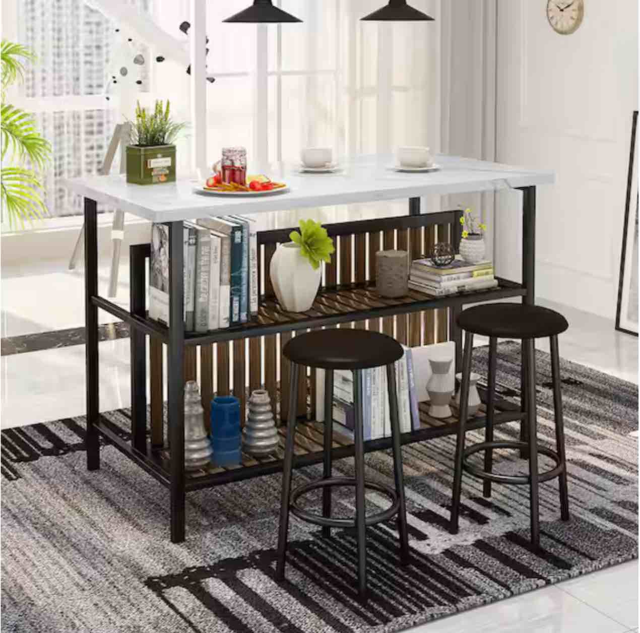 Dora 3-Piece Rectangle Faux Marble Wood Top White Dining Table Set, Kitchen Island Set with 2-Stools for Kitchen