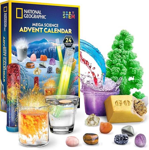 NATIONAL GEOGRAPHIC Gemstone Advent Calendar - 2023 Advent Calendar for Kids with 24 Gemstones to Open Each Day, a Complete Rock Collection Christmas Countdown Calendar with Mini Gemstone Dig Kit