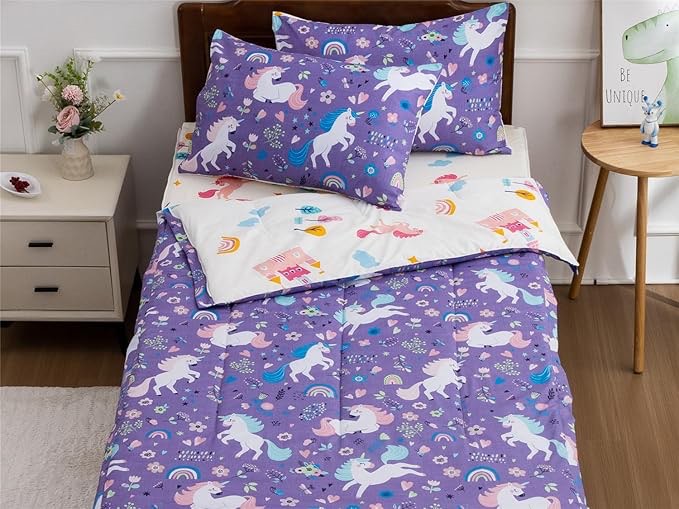 NTBED Unicorn Printed Zipper Bedding Sets Full Lightweight Microfiber Floral Comforter Sets with Fitted Sheet Pillow Covers,Purple