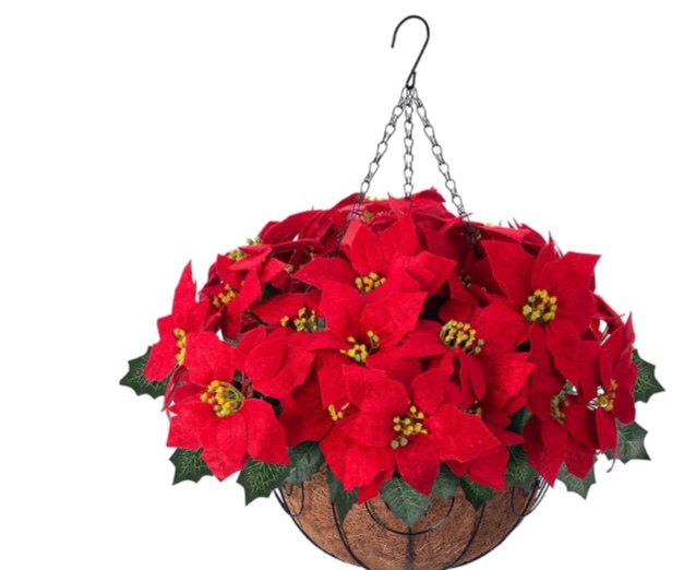 Artificial Fake Christmas Hanging Flowers Plants Basket for Outdoor New Year Decoration, Faux Silk Red Poinsettia UV Weather Resistant Realistic for Xmas Outside Porch Home Patio Decor