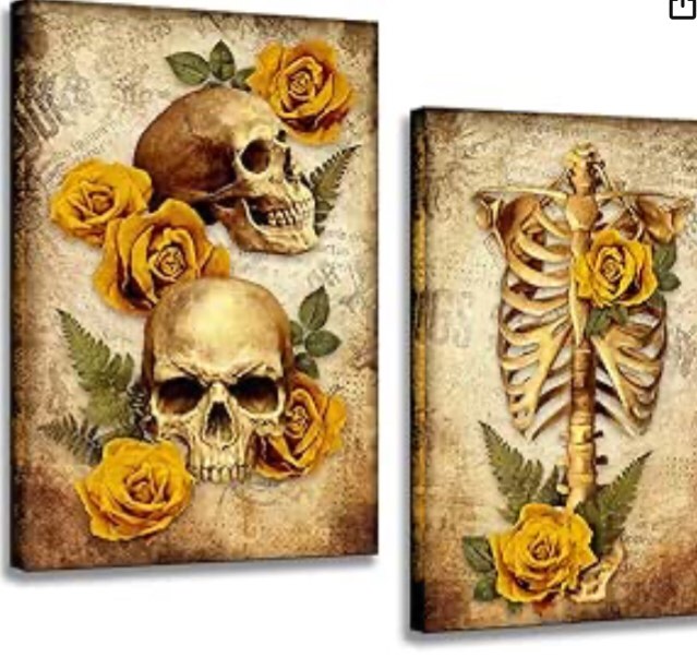 iHAPPYWALL 2 Pieces Vintage Human Skull Canvas Wall Art Floral Skeleton Anatomy Halloween Art Print for Bedroom Home Living Room Decor Ready to Hang 16x24inchx2pcs