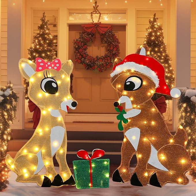 32 Inch Lighted Pre-lit 2D Reindeer and Clarice Sitting Mistletoe Outdoor Christmas Decorations Yard Metal Stand for Indoor Lawn Garden Holiday Outside Display