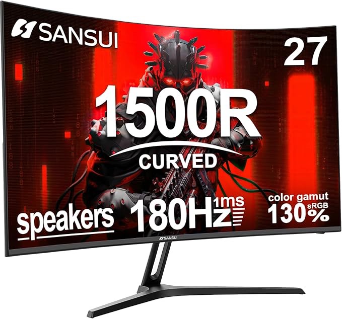 SANSUI 27 Inch Curved Gaming Monitor 180Hz 1ms with Speakers FHD 1080P Computer Monitor FreeSync|1500R|130% sRGB|HDR|Low Blue Light|HDMI DP Ports|VESA Mount|Metal Stand(ES-G27C1 HDMI Cable Included)