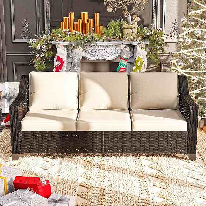 77'' Patio Sofa, All Weather Outdoor Rattan Wicker 3-Seat Sofa High Back Couch with Premium Cushions for Garden Backyard Porch(Brown/Beige)