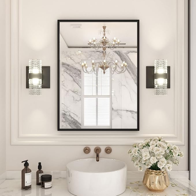 LOAAO 22"X30" Black Rectangle Bathroom Mirror Wall, Matte Black Aluminum Alloy Frame, Hangs Vertically or Horizontally, Easy to Install