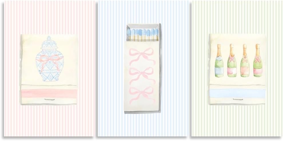 Aesthetic Matchbook Wall Art Trendy Light Blue Green and pink Watercolor bow Posters College Dorm Decor Funky Room Preppy Art Canvas Printing 3 Set 16x24inch Unframed