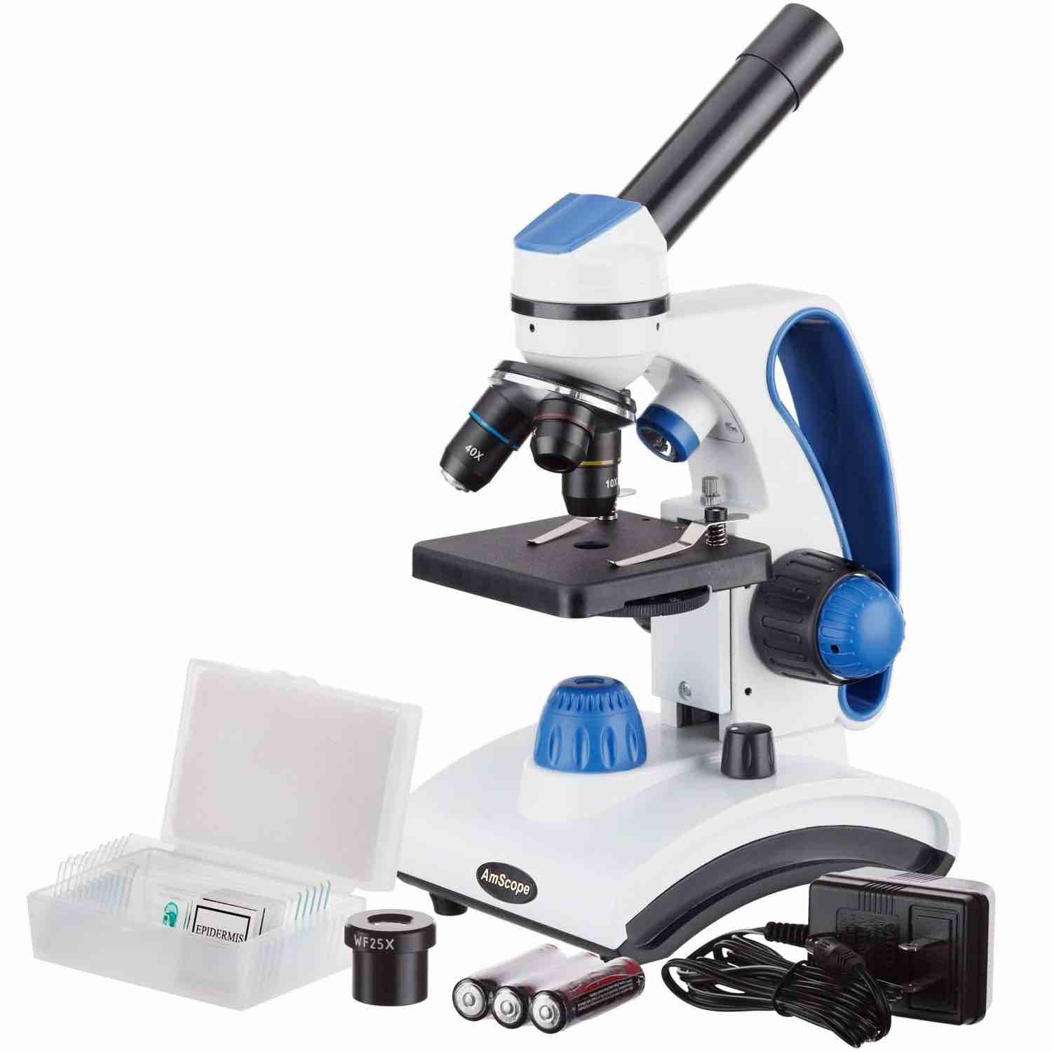 AmScope M162 Series Portable Student Monocular Compound Microscope 40X-1000X Magnification Dual Light Glass Lens Metal Frame + Slide Kit