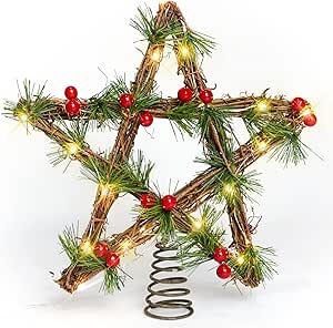 Lotus Hills Christmas Tree Topper Lighted, 12" Star Tree Topper with Red Berry and Pine Needle, Battery Operated Christmas Tree Star Topper, Christmas Star Tree Topper with Timing Battery Case