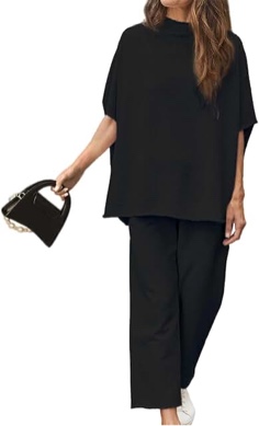 Hixiaohe Two Piece Sets for Women Casual Long Batwing Sleeve Capelet Pullover Top Sweatpants Womens Travel Outfits Lounge Set(Black,L), Large