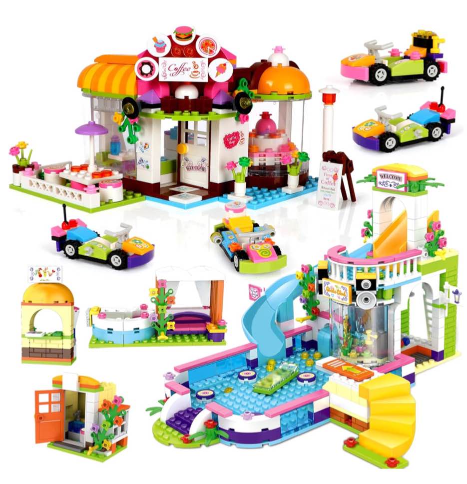 Friends Water Park Cafe Toy Building Set for Kids, 1140 Pieces Coffee Shop Summer Swimming Pool Building Blocks Sets with Storage Box, Friends Sets House Christmas Birthday Gift for Girls Age 6-12