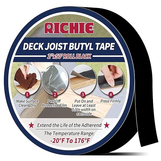 RICHIE Butyl Joist Tape for Decking, 2 inch 50 feet Deck Joist Tape Waterproof, Anti-Corrosion, Self-Adhesive Deck Tape Joist, Seal Butyl Deck Flashing Tape for Deck Joists and Beams 6 Rolls