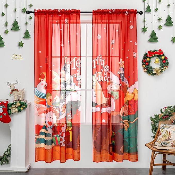 Christmas Sheer Curtains for Living Room, Xmas Santa Claus Print Pattern Sheer Curtain, Holiday Rod Pocket Window Drapes Decorations for Bedroom and Home Decor, 52W x 96L