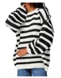 Meladyan Women's 2024 Fall Winter Oversized Striped Sweater Long Sleeve Crew Neck Knit Pullover Sweater Jumper Tops Small Black and White, Large