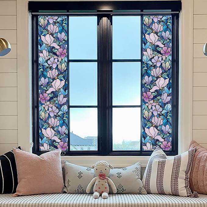 funlife Película original dibujada a mano para ventana, funlife Hand-Drawn Stained Glass Window Film, Double-Sided Thickened Static Cling Window Cling, Non-Adhesive Glass Windows Decor for Window Glass Door, 11.8"x118", Winter Blue Magnolia de doble cara, adhesivo estático transparente de doble cara, esquina reutilizable para ventanas, decoración de puertas de vidrio,