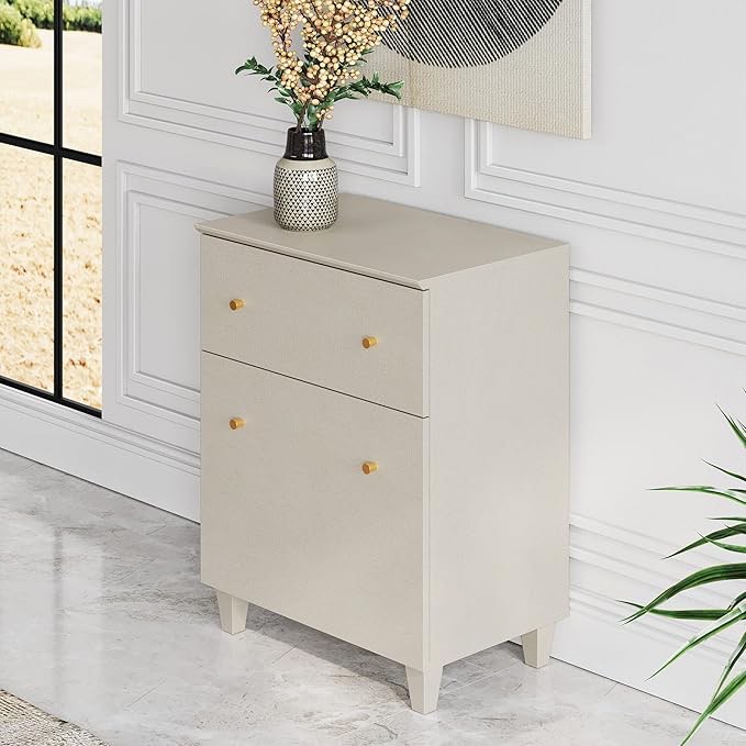 WAMPAT Buffet Cabinet with Drawer and Door for Kitchen, Beige Sideboard Wood Accent Storage Cabinet with Adjustable Shelf for Dining Room, Living Room, Entryway, Hallway, 23.6" x 15.3" x 32.4"
