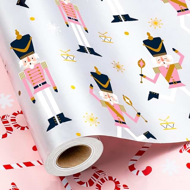 WRAPAHOLIC Reversible Christmas Wrapping Paper - Mini Roll - 17 Inch X 33 Feet - Nutcracker and Candy Cane Printed on Pearlized Paper for Chrsitmas, Holiday, Party Celebration