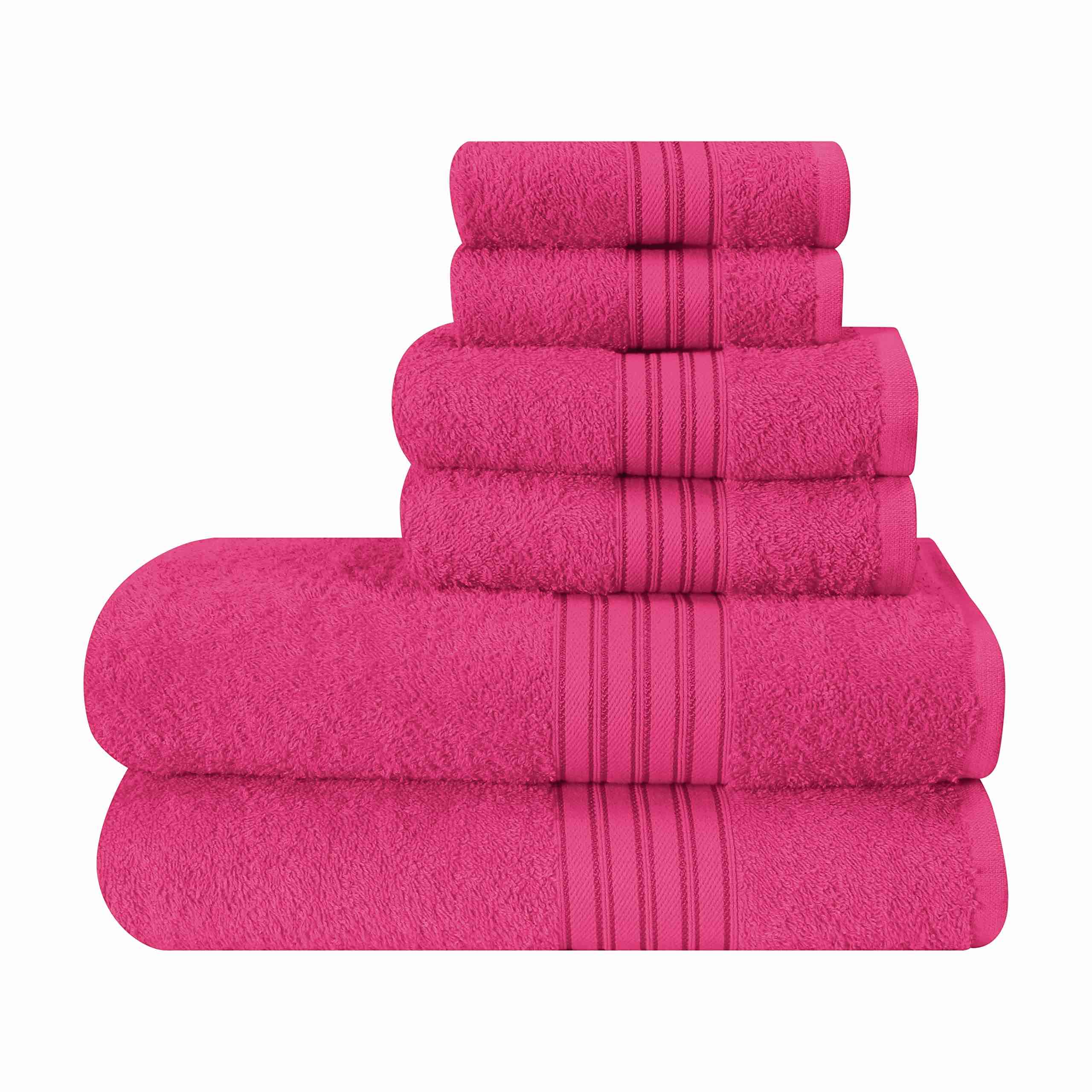BOUTIQUO 24 Pack Cotton Towel Set, Contains 6 Bath Towels 27x54 inch, 6 Hand Towels 16x24 inch & 12 Wash Coths 12x12 inch, Ideal Everyday use, Ultra Soft Compact & Lightweight - hot pink 