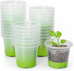 Layhit 48 Packs 4 Inch Clear Nursery Pots with Silicone Base for Easy Transplant Plant Pots with Drainage Holes Reusable Seedling Pots Starter Pots with 100 Plant Labels and 1 Black Marker