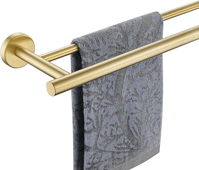 Alise home new GYT5080-G JQK Double Towel Bar, 24 Inch Brass Gold Bath Towel Rack for Bathroom, 304 Stainless Steel Thicken 0.8mm Towel Holder Wall Mount Brushed Gold, Total Length 27.16 Inch, TB100L24-BG