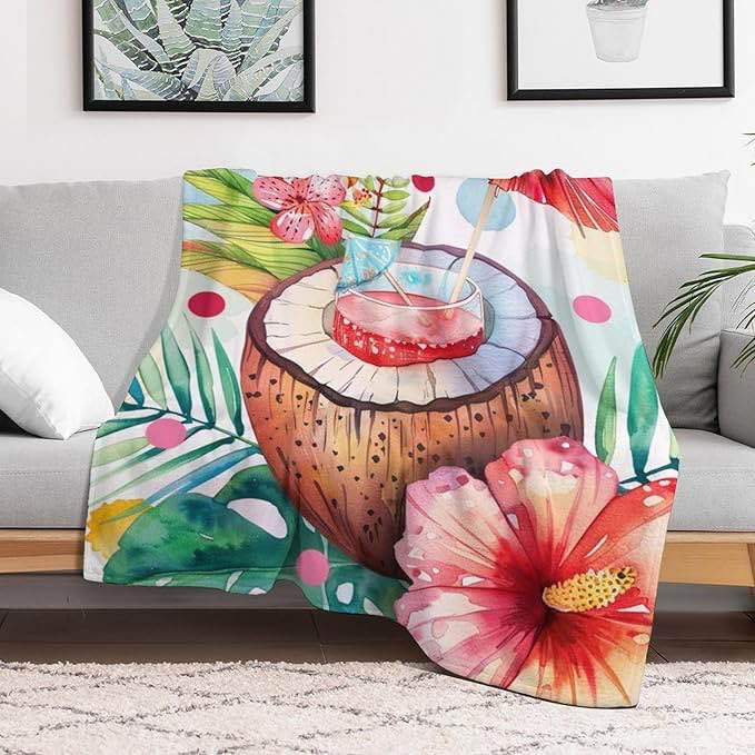 Tropical Flowers Fruit Coconut and Cocktail Blanket Coconut Drink and Flowers Warm Blanket 40"x50" Super Soft Flannel Throw Blanket for Bed Couch Car Couch Sofa Throw                    