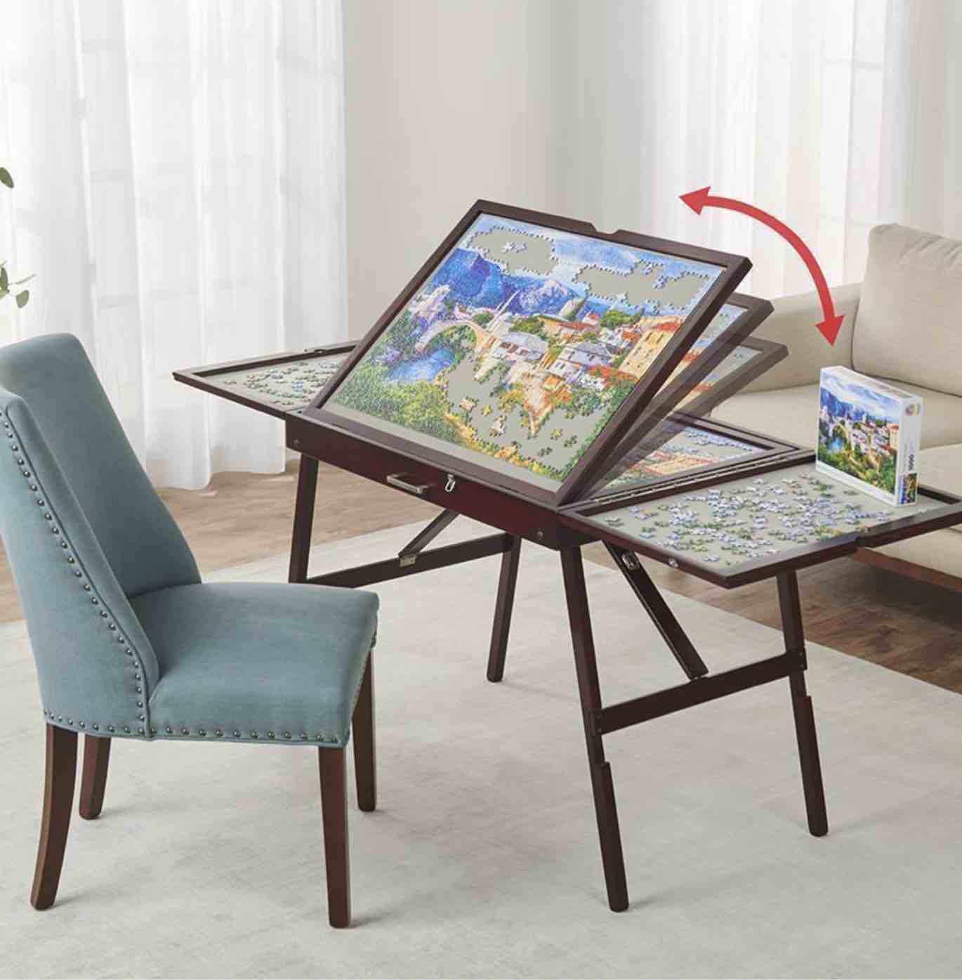 the adjustable height fold and store puzzle table