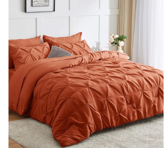 burnt orange CozyLux Comforter King Size - 7 Pieces King Size Comforter Set Pintuck Bed in A Bag Gray Pinch Pleat Bedding Sets with All Season Comforter, Flat Sheet, Fitted Sheet and Pillowcases & Shams