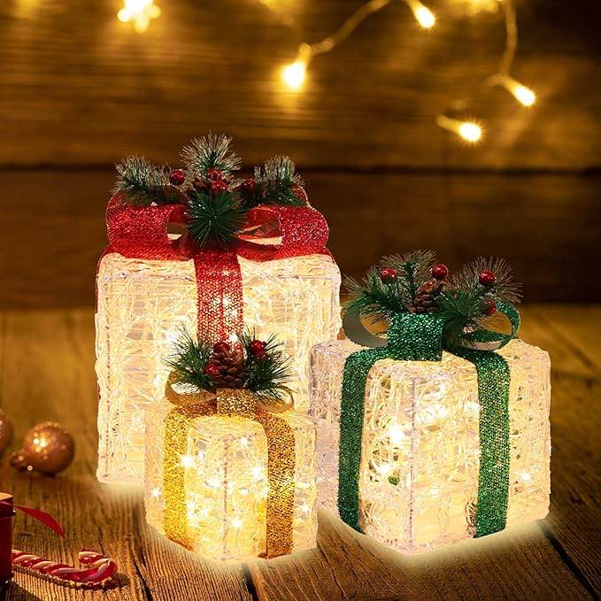 Large 10"x8.5"x6.5" Christmas Set of 4 Lighted Clear Acrylic Gift Boxes Decorations Pre-lit 70 Super-Bright LED with Flashers,for Indoor Outdoor Pathway Holiday Party Home(Warm White)