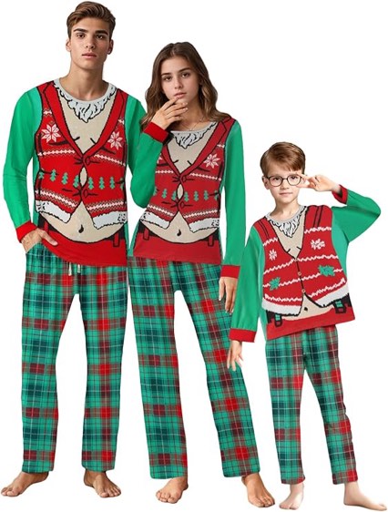 (Pack of 2, Size Youth 6/7)IFFEI Matching Family Pajamas Sets Christmas PJ's Letter Print Top and Plaid Bottom Sleepwear Jammies with Pockets Pet Small Green Letter