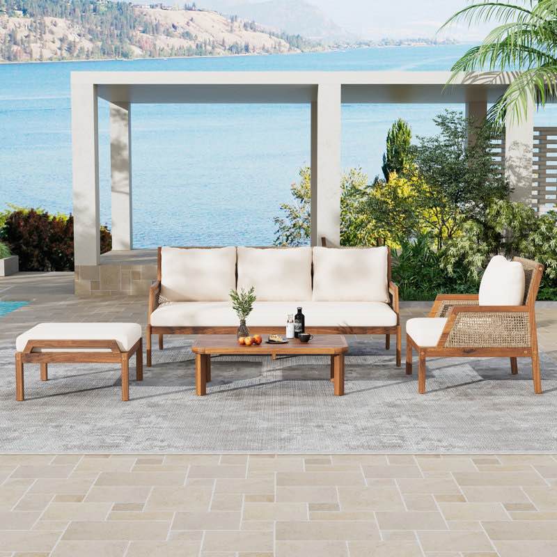 incomplete ) Donovan Outdoor Acacia Wood & Wicker Conversation Set With Ottoman
