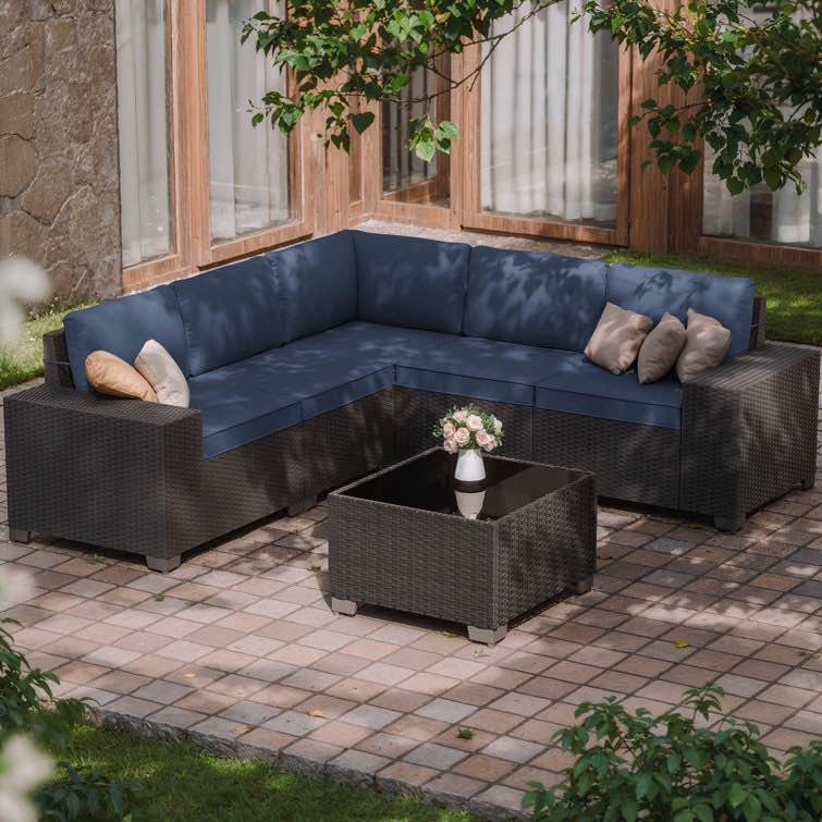 Outdoor Wicker Sectional Set With Cushions And Tempered Glass Table