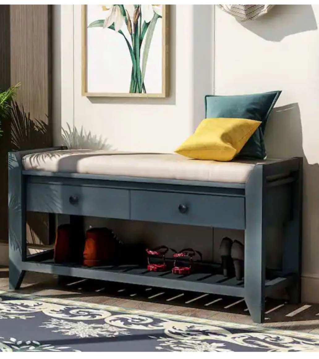 Entryway Blue Storage Bench with Cushioned Seat, Drawers and Shoe Rack 19.8 in. H x 39 in. W x 14 in. D