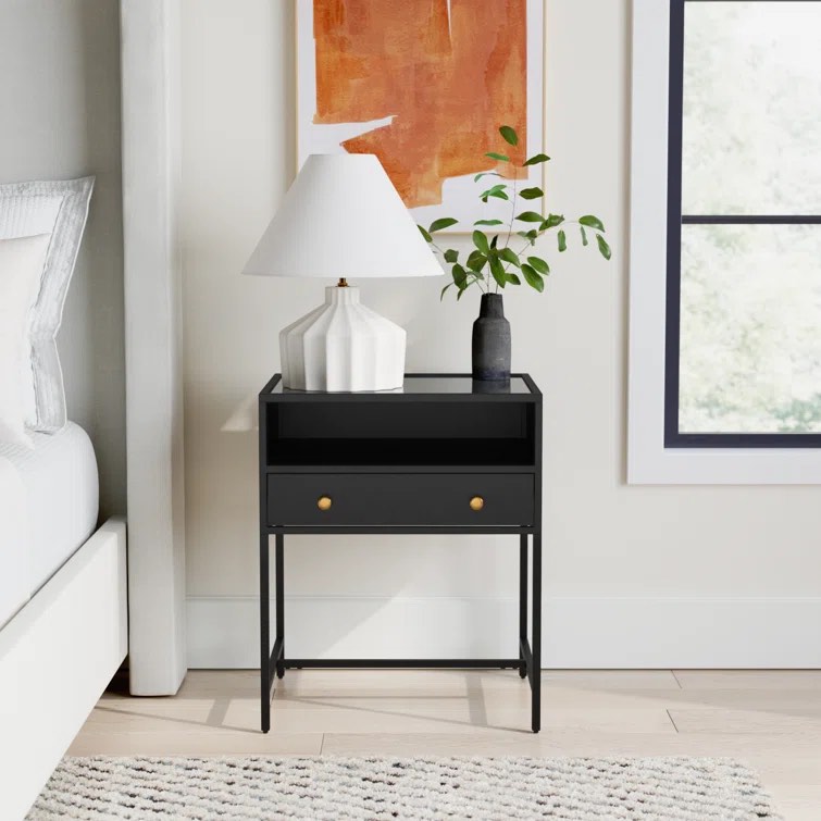 Black Julina 1 - Drawer 24" Tall Iron Nightstand with Glass Top