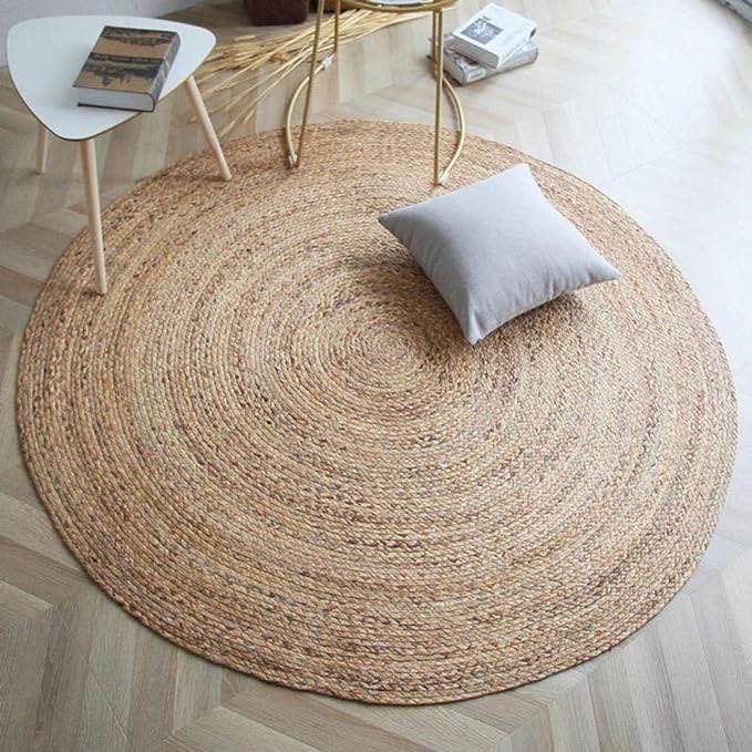 The Knitted Co. 100% Jute Area Rug 5 Feet- Round Natural Fibers- Braided Design Hand Woven Natural C