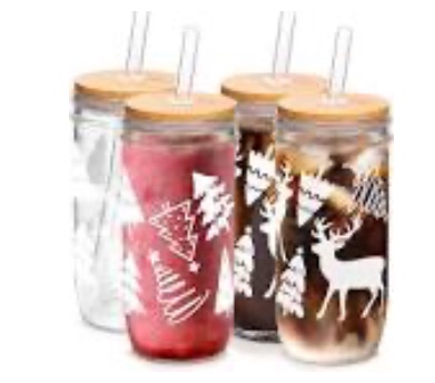 6 Pcs Christmas Cups Gifts 24oz Christmas Glass Cups with Bamboo Lids and Straws Tumbler with Handle Christmas Mugs Jar Santa Christmas Tree Tumbler Appreciation Gift for Women Mom Employee