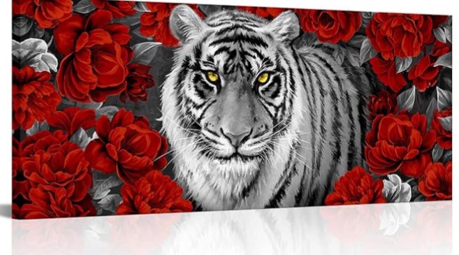 Kalormore Large Black and White Tiger Canvas Wall Art Animal Wildlife Cool Tiger in Burgundy Red Flowers Painting Prints Gallery Wrap Artwork for Living Room Bedroom Home Office (Red)