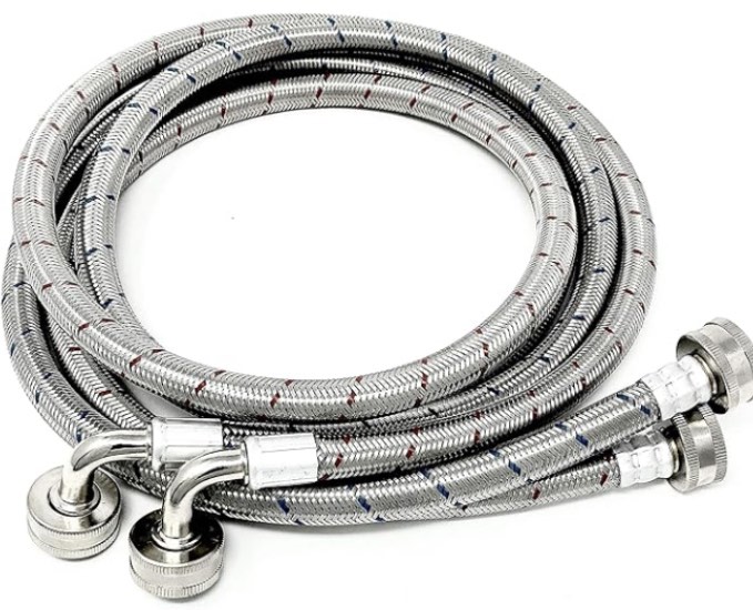 pack premium stainless steel washing machine hoses - 5 FT no-lead burst proof red and blue lined water inlet supply lines - universal 90 degree elbow connection - 10 year warranty