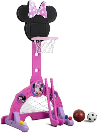 Delta Children - Disney Minnie Mouse 4-in-1 Sports Center – Adjustable Easy Score Basketball Hoop, Soccer/Hockey Net and Golf Game, 4 Golf/Hockey Balls, Pink
