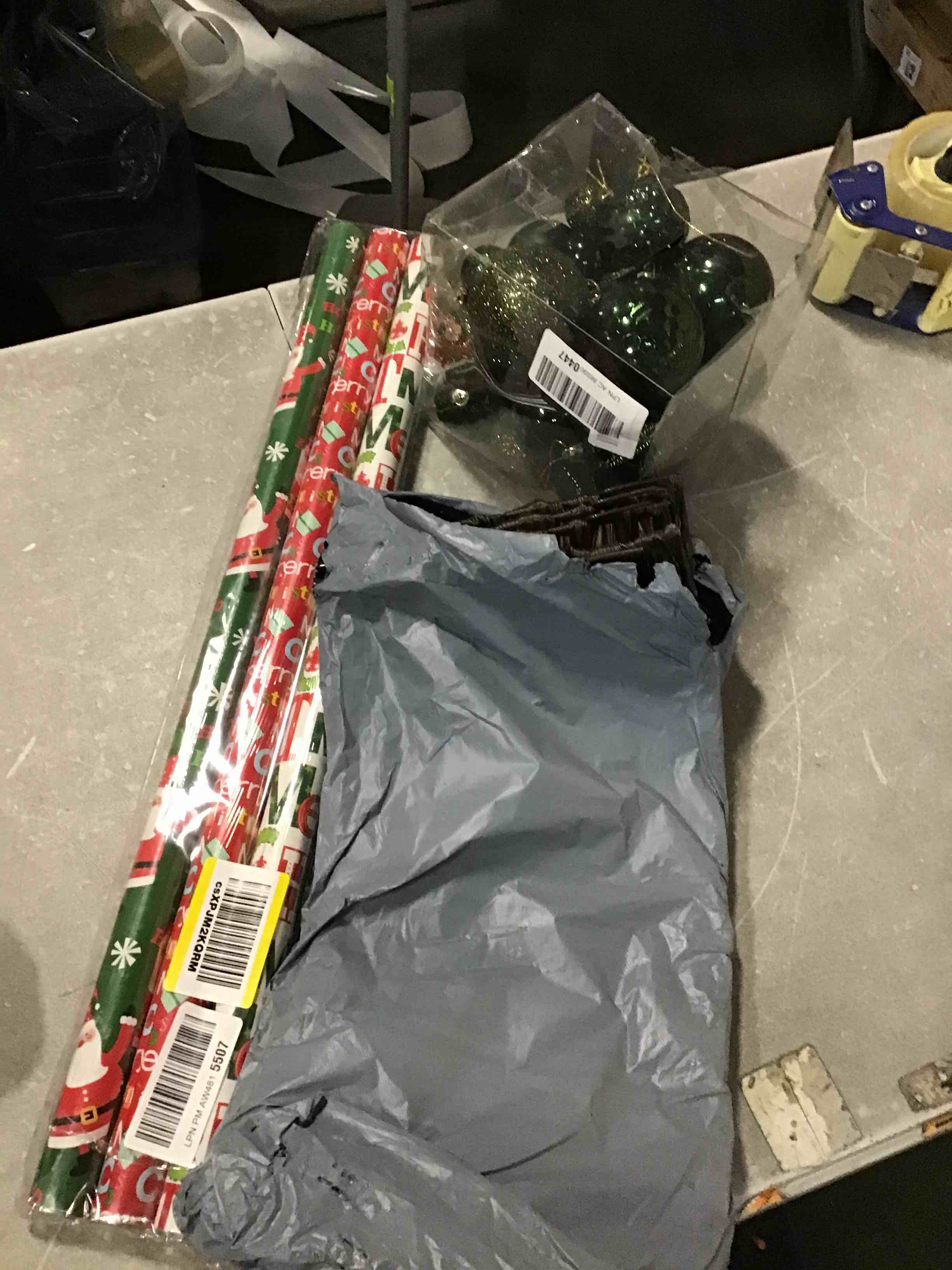 Assorted Of Christmas Accessories Include gift paper, spheres for decoration of  Tree Green, Base For Christmas Tree