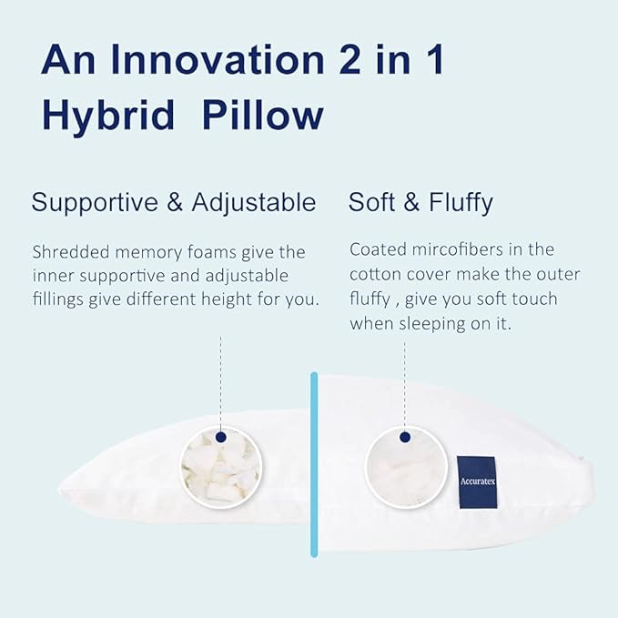 ACCURATEX Pillows Queen Size Set of 1 Hybrid Shredded Memory Foam Pillow[Adjustable Loft], Fluffy Down Alternative Fill Removable Cotton Cover, Firm Supportive Pillow for Side Back Sleepers