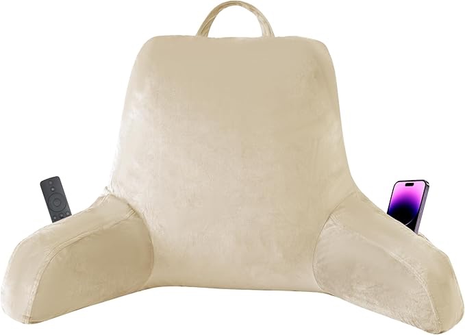 Reading Pillow with Arms for Adults, Back Pillow for Bed Sitting Up, Shredded Memory Foam Backrest Pillow with Pockets & Removable Washable Cover, Lounging, Watching TV, Reading(18inch  Beige)