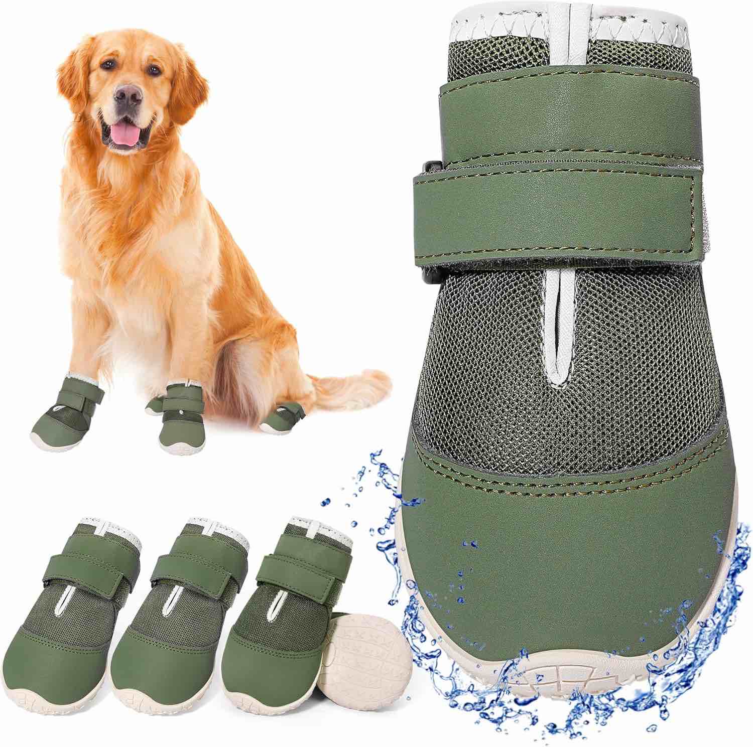 DcOaGt Dog Shoes for Large Dogs, Mesh Breathable Dog Boots & Paw Protectors for Hot Pavement Summer Winter Snow, 360° Anti-Slip Dog Booties for Hiking/Walking,Military Green 4PCS(Size large)