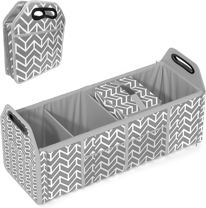 Trunk Organizer, Foldable Car Storage Bag Portable Insulation Cooler Bag Collapsible Vehicle Organizer Divider Storage Totes with 3 Compartment Cargo Tote for Groceries Caddy SUV, Grey - 3 Parts