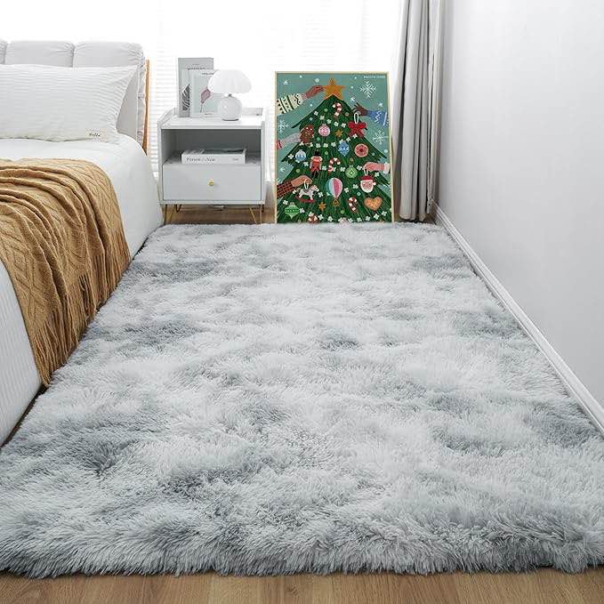 KICHOWUA 4x6’ Area Rugs for Living Room, Machine Washable Soft Shaggy Rugs Fluffy Carpets, Non-Slip Indoor Floor Carpet for Living Room, Kids Baby Boys Teen Dorm Home Decor Aesthetic, Silver&Grey