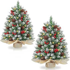 2Pack 24 Inch Snow Flocked Prelit Christmas Tree Decor with 50 Warm Lights Timer Battery Operated Red Berries Pine Cones for Tabletop Christmas Decorations Home Indoor